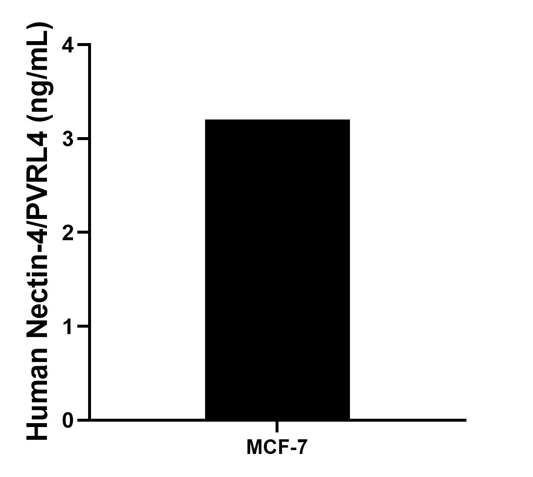 MCF-7 human breast cancer cells (5 x 10^6 cells/mL) were cultured in DMEM and 10% fetal bovine serum, 4 mM L-glutamine, 4500 mg/L glucose, 100 U/mL penicillin, and 100 μg/mL streptomycin sulfate. 1 x 10^6 cells/mL were lysated by RIPA buffer, and the supernate was assayed and measured 3.2 ng/mL.